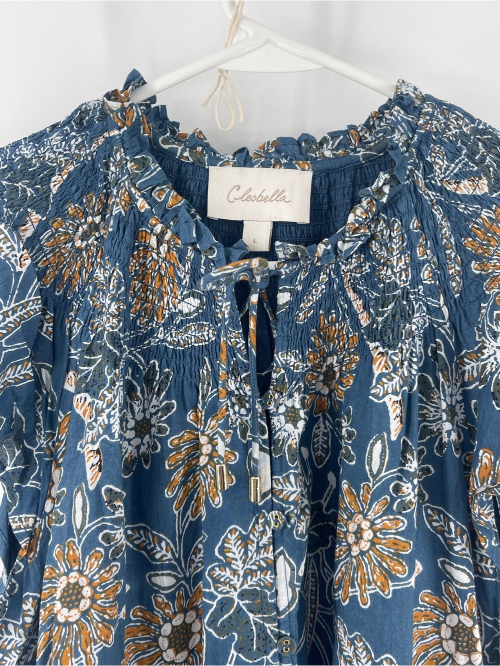 Cleobella Blue Floral Smocked Tie-Neck Baby Doll Dress